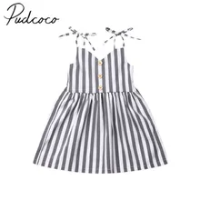 Летняя одежда для малышей милое Полосатое платье для маленьких девочек платье трапециевидной формы без рукавов с поясом до колена с пуговицами