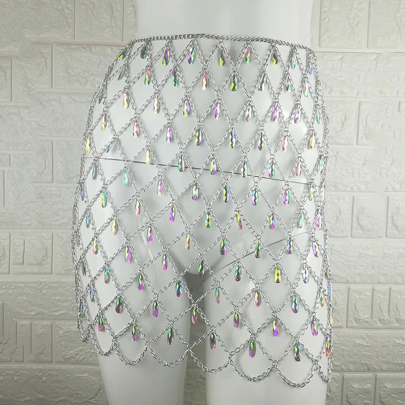Вечерние юбки для клуба, сексуальная блестящая металлическая Юбка со стразами на талии, женские летние пляжные юбки с разноцветными кристаллами