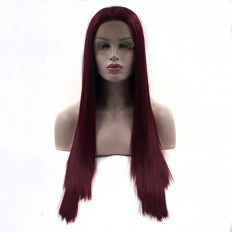 

Bombshell Long Silky Straight Bug Wine Red Synthetic Glueless Heat Resistant Hair Burgundy Red Lace Front Wig for White Women