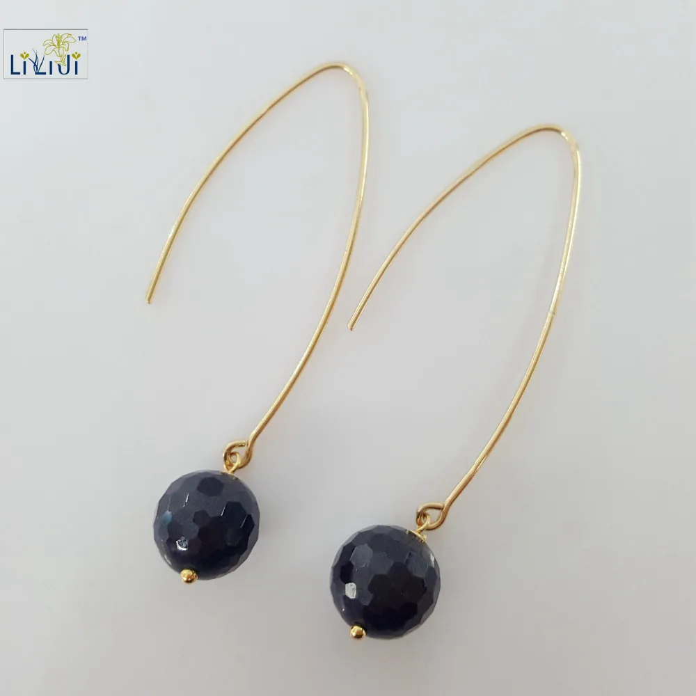 

Lii Ji Black Agate10mm beads 925 Sterling Silver Long Drop Earrings