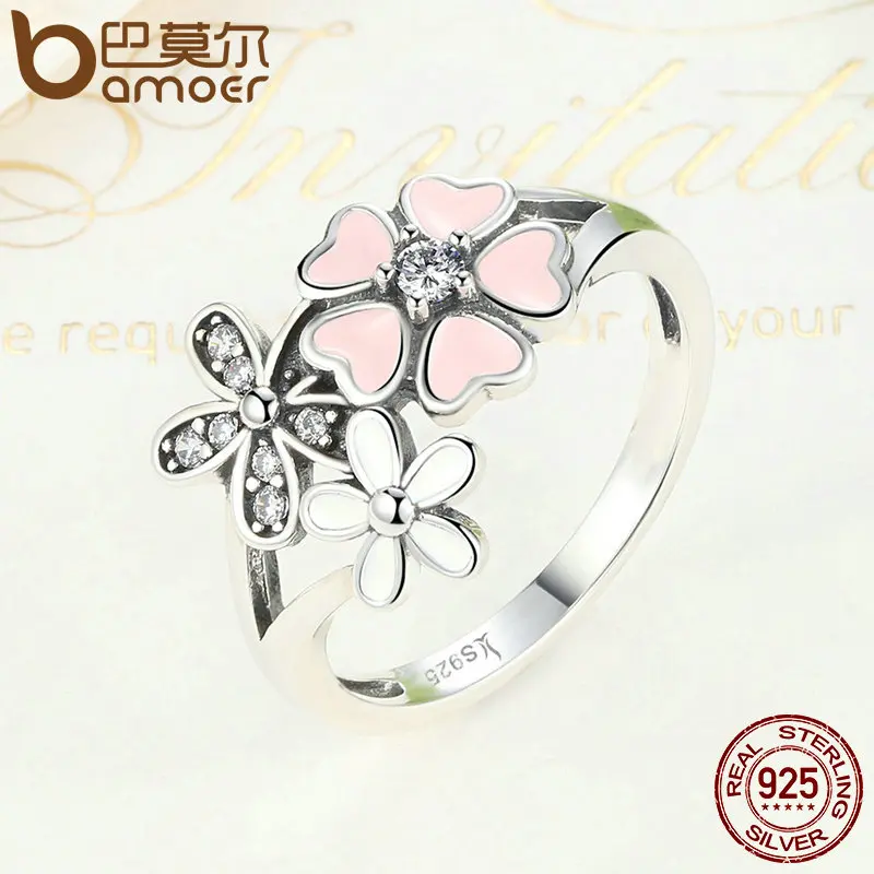 Cena BAMOER 100% 925 srebro różowy kwiat poetycki Daisy Cherry Blossom biżuteria dla nowożeńców zestawy ślubne biżuteria zaręczynowa ZHS028