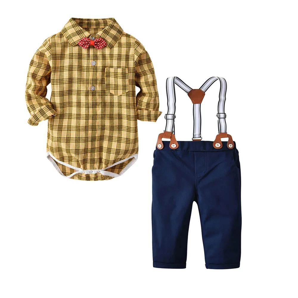 

QAZIQILAND Newborns clothes new yellow plaid rompers shirts+jeans baby boys clothes bebes clothing set