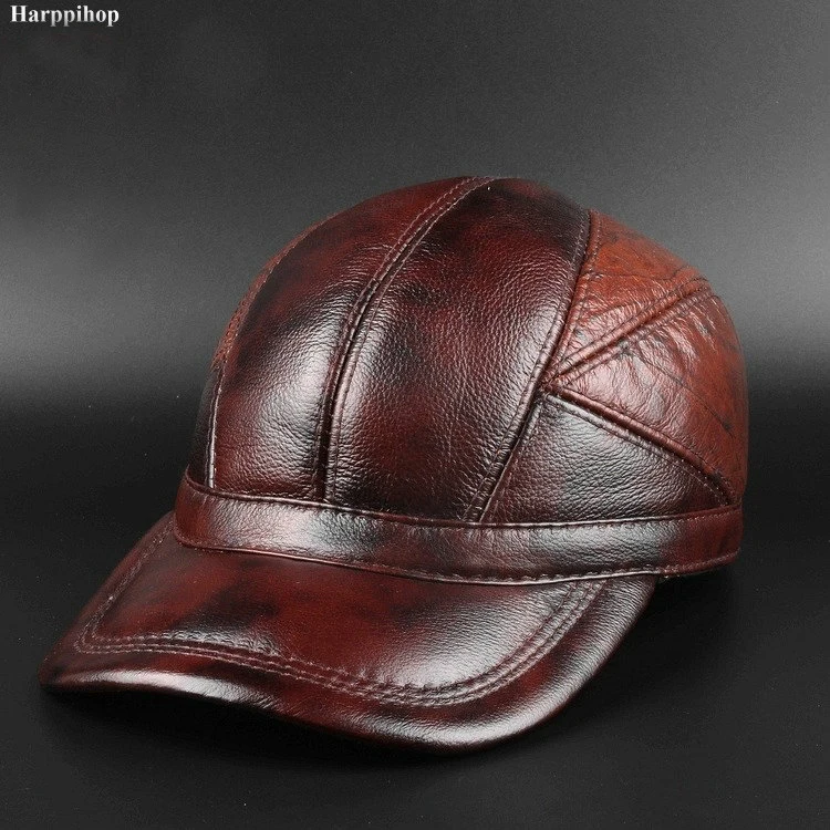 

Winter new head layer cowhide hat men casual Baseball Cap Hat ear warm leather peaked cap