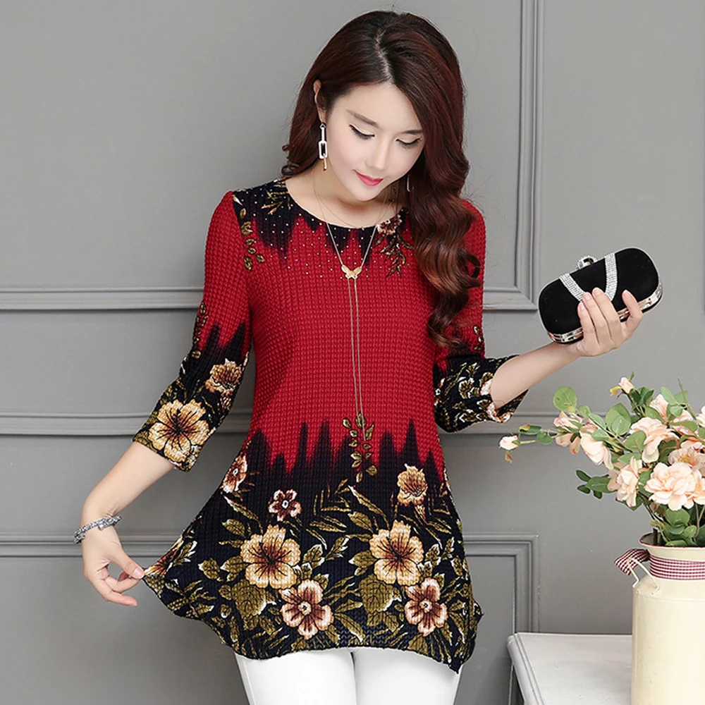 

Korean Chiffon Blouse Plus Size Women's Shirt Fashion Woman Blouses 2019 O-Neck Three Quarter Sleeve Top Floral Print Long Tunic