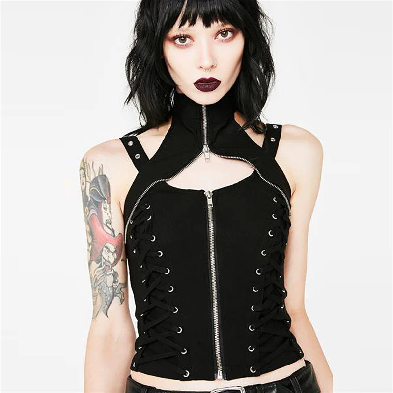 

Gothic eyelet lace up tank zipper turtleneck crop top women patchwork backless harajuku cool darkness black streetwear new tank