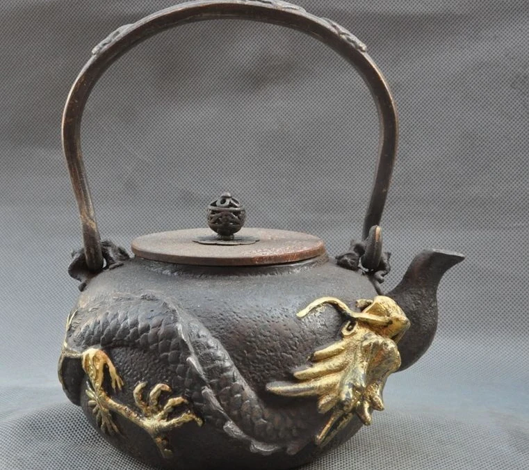

Marked Old Chinese Gilt Bronze Dragon Statue Teapot kettle Water Bottle Tea set