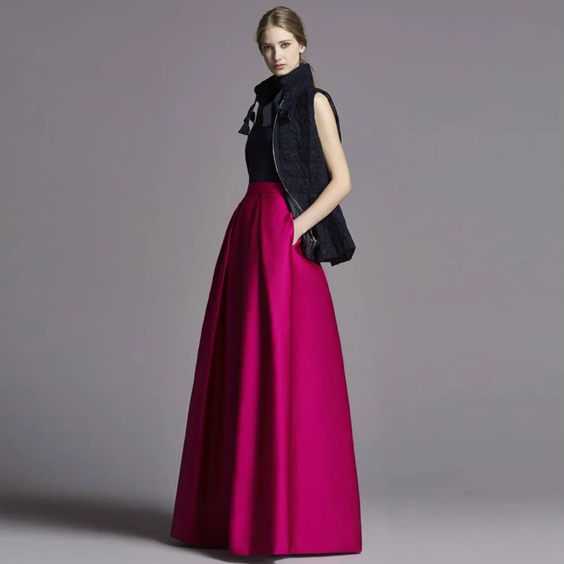 

Modest Pleated High Quality Pockets Women Formal Skirt Invisible Zipper Waist Custom Made Evening Prom Maxi Skirts Saia Vestidos