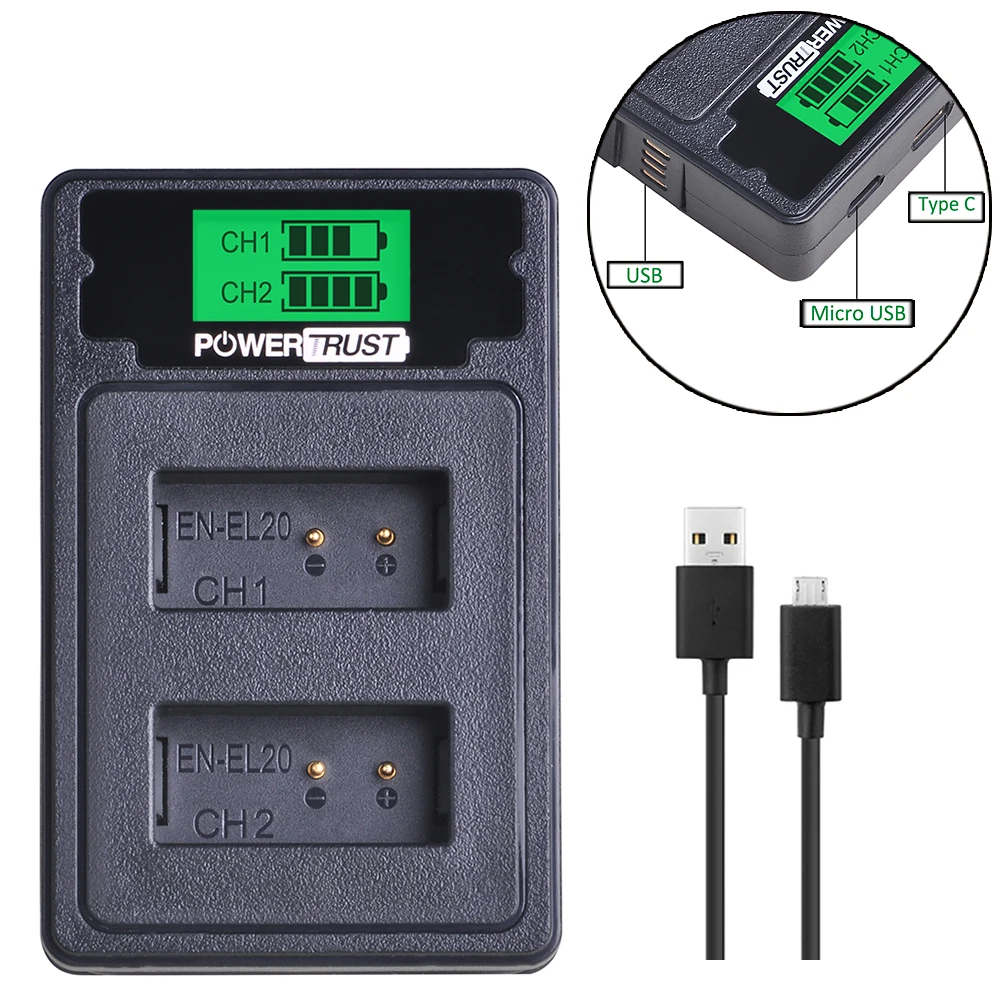 

Powertrust EN-EL20 EN EL20A LCD USB Dual Charger With USB Cable&Type C Port For Nikon Coolpix P1000 Nikon1 J1, J2, J3 Nikon1 AW1