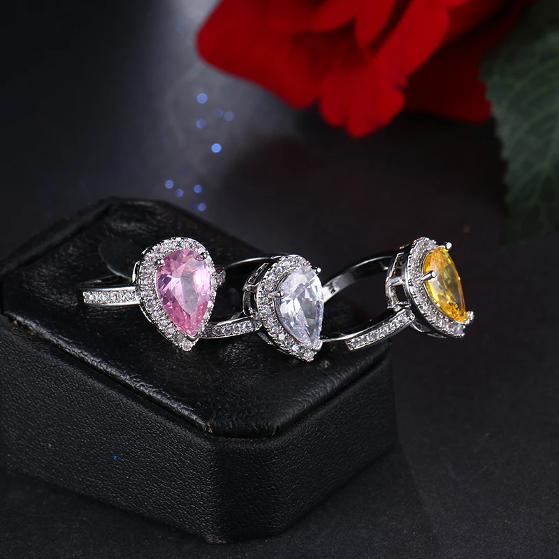 EMMAYA JEWELS, большая капля воды, AAA, циркониевое кольцо, 3 зубца, с микро проложенным фианитом вокруг, модные вечерние кольца для женщин