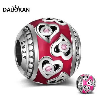 

DALARAN DIY Original Bracelet 925 Sterling Silver Beads Pink Heart Shaped Drip Charms Fit Necklace For Women Jewelry Making Gift
