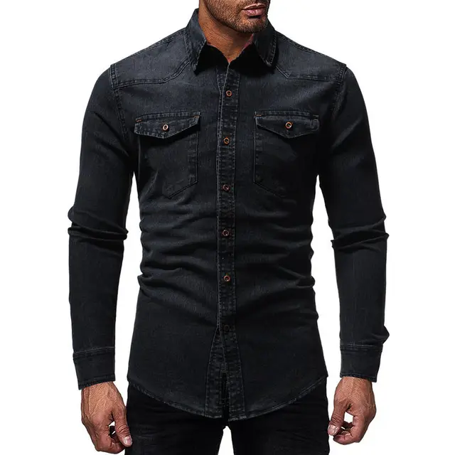Black Denim Shirt Men Casual Fit Slim Long Sleeve Shirts 2018 Autumn