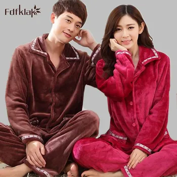 

Autumn Winter Couple Flannel Pajamas Set Long Sleeve Sleepwear Set Women And Men Pyjamas Turn-Down collar Plus Size M-XXL E0760