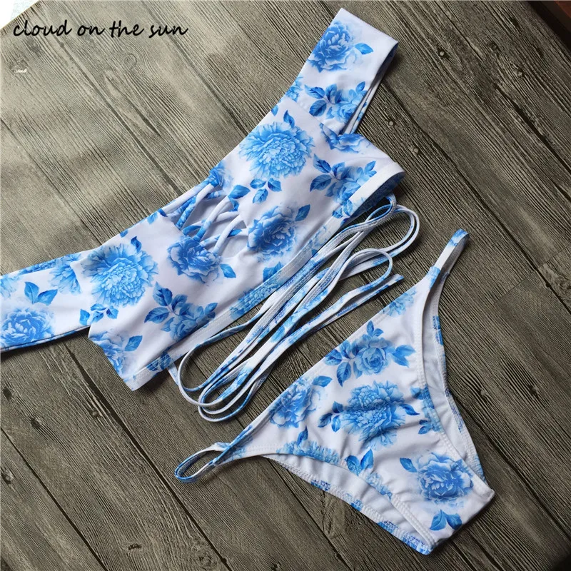 Бикини 2017 женщин купальники купальник синие цветы бикини Maillot De Bain Femme бинты Сексуальная бикини женские купальный костюм бикини