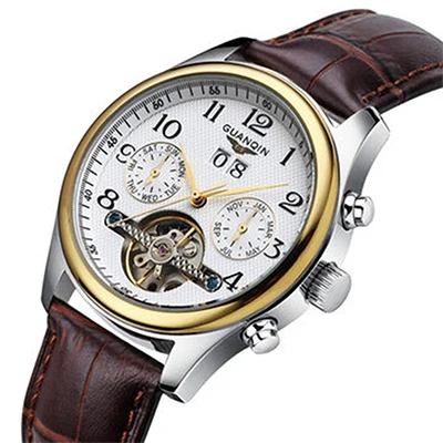 Роскошные часы для мужчин Лидирующий бренд GUANQIN сапфир механические водонепроницаемые Авто механические часы модные мужские наручные часы - Цвет: White gold Leather
