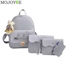 4pcs/Set Lovely Cat Animal Pattern Shoulders Bags PU Leather Women Backpack Black Soft Shoulder Bag Small Travel Backpacks Girl
