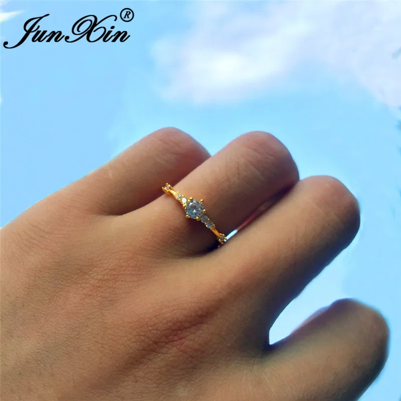 JUNXIN Female Small Crystal Thin Rings For Women 925 Silver Rose Gold Filled White Zircon Stacking Midi Ring Minimalist Jewelry