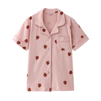 

Summer ladies cotton short-sleeved pajamas cardigan home tops single female upper body loose plus size print turn-down collar