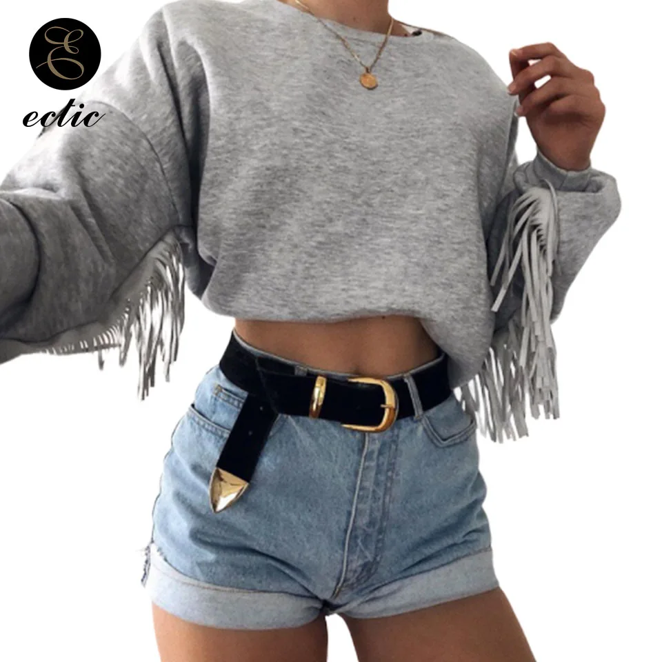 

Tassel Fringed Sweatshirt Crop Top Hoodie Plain Cute Pullover Poleron Mujer 2019 Harajuku Streetwear Women Punk Hoodie Solid