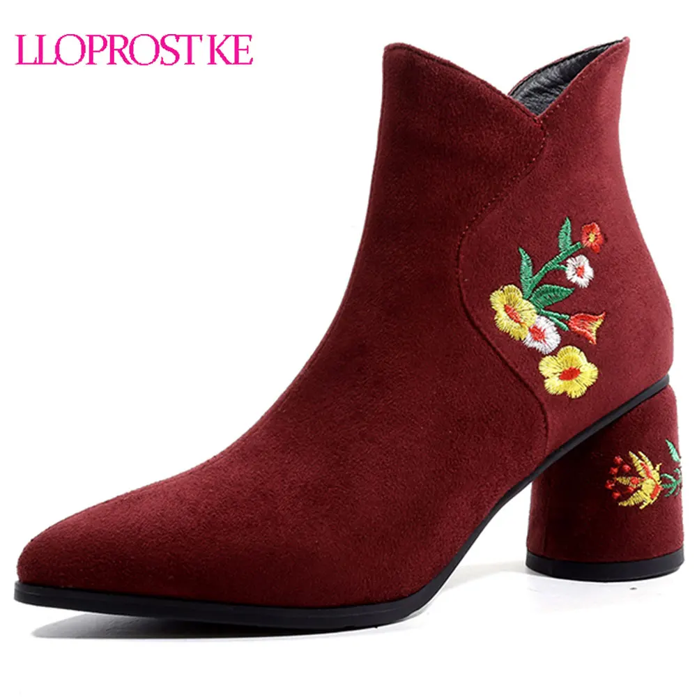 

Lloprost ke women shoes 2018 new fashion flock high strange style pointed toe zipper embroider winter outdoor warm ankle boots