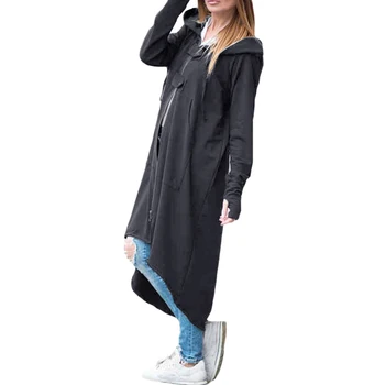

2018 New Women Hooded Long Sleeve Zipper Drawstring Casual Irregular Coat Casual Solid Long Jacket Sweatshirt Plus Size