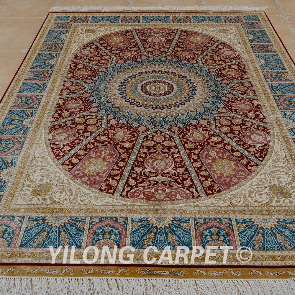 Yilong 5,5 'x8' персидский ковер прямоугольник vantage красный медальон ручной работы натуральный шелк ковер(0245