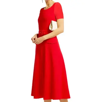 

2019 New Women Solid Dress Elegant O-Neck Short Sleeve A-Line Dresses With Belt D4022