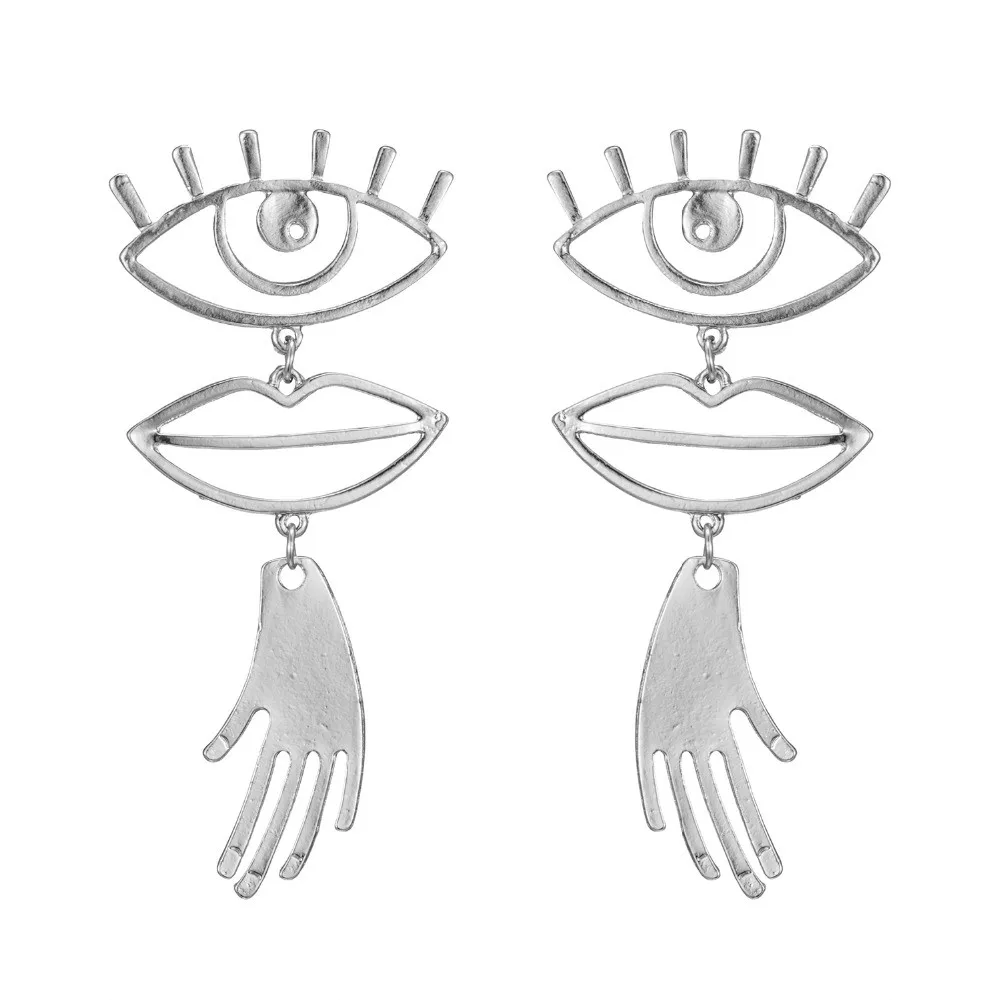KISSWIFE Abstract Face Drop Earrings Fashion Jewelry Vintage Metal Geometric Hollow Eye Lip Palm Statement Earrings for Women