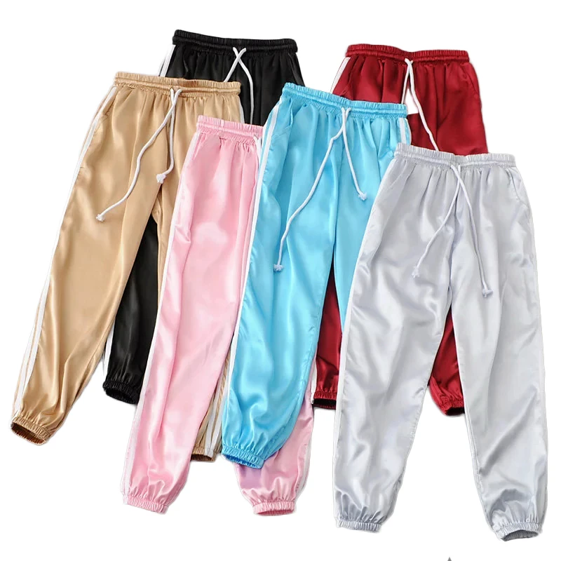 

Candy color satin side white stripes elastic waist drawstring leisure harem pants cut mouth female casual trousers TB92