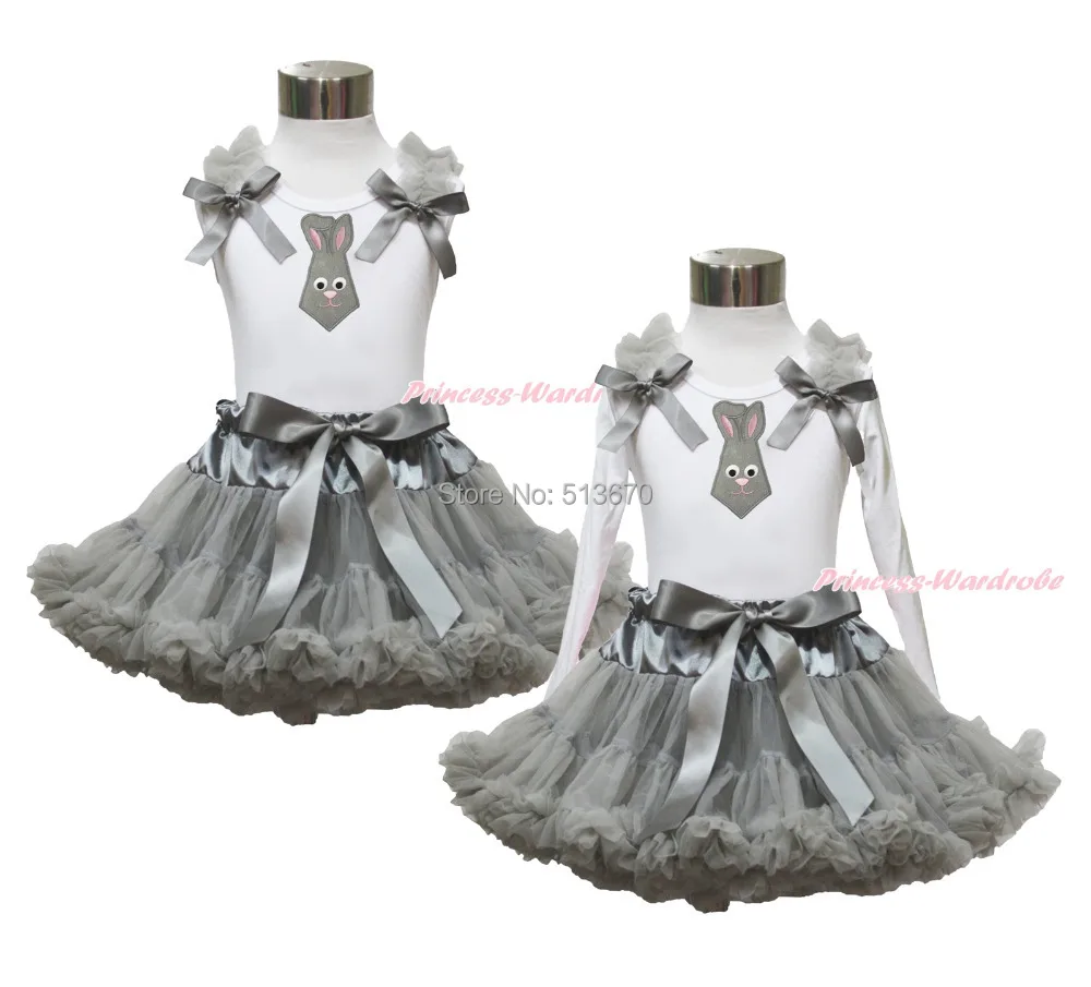 

Easter Gray Bunny Neckerchief White Top Shirt Girl Pettiskirt Outfit Set 1-8Year MAPSA0414