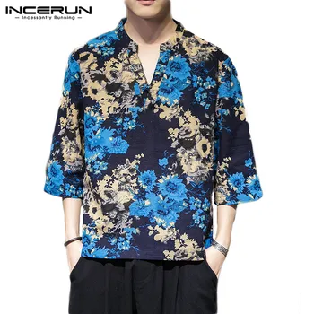 

2020 Men T Shirts Ethnic Style Cotton Half Sleeve Retro Floral Print V Neck Camisetas Hombre Summer Casual T-shirt Men INCERUN