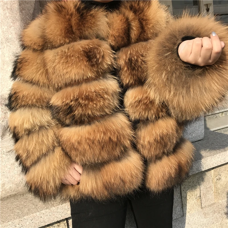 Куртка из натурального меха енота, Женское зимнее пальто, модное пальто из натуральной кожи, полные полоски на рукавах, пальто из натурального меха енота для женщин