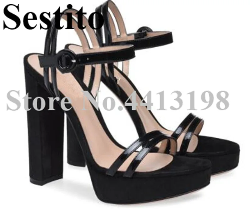 

European Black Concise Casual Shoes Summer Peep Toe Hoof Heels Platform Sandals Buckle Front&Rear Strap High Heels Women Shoes