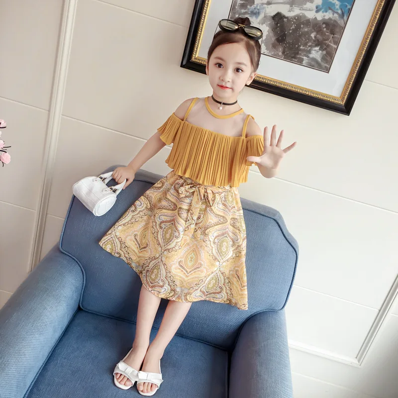 Комплекты одежды для девочек с надписью «LOVE DD& MM» Новинка года, летняя детская одежда модный костюм принцессы с юбкой с круглым вырезом и юбкой в цветочек для девочек