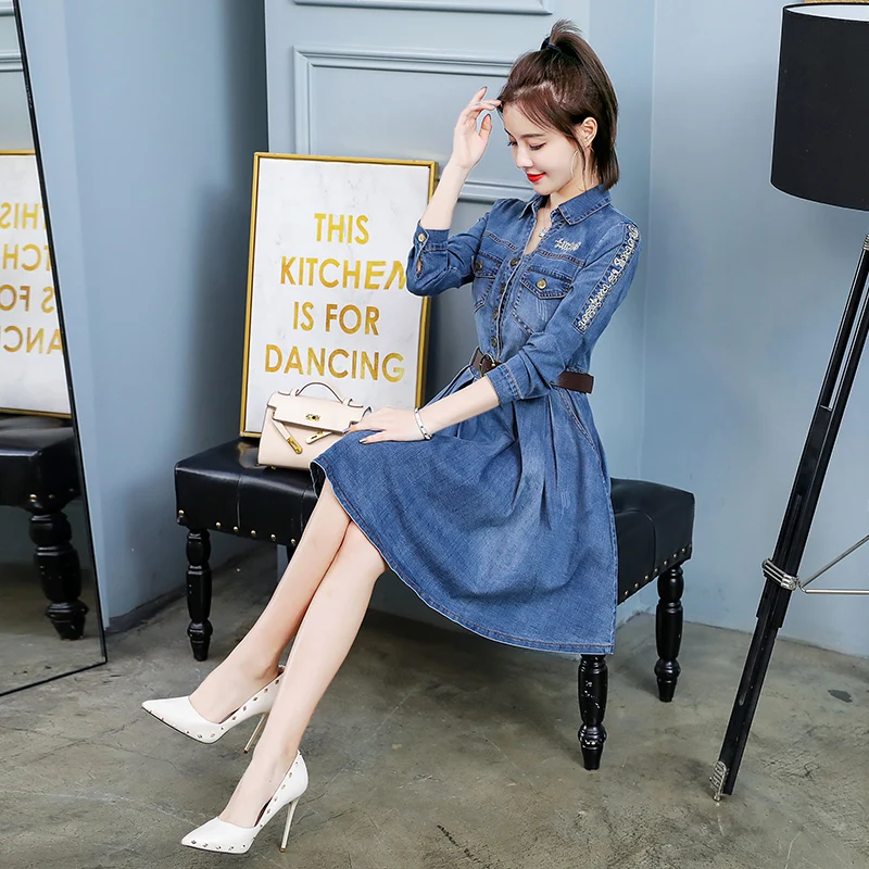 Autumn Long Sleeves Denim Dresses Women Fashion Elasticity High Waist Jeans With Belt Pocket Slim Female Denim Dress Vestido