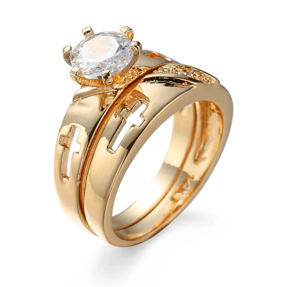 

MxGxFam 2 Rings Jewelry Cross Design For Women 18 k Yellow Gold color AAA+ Cubic Zircon