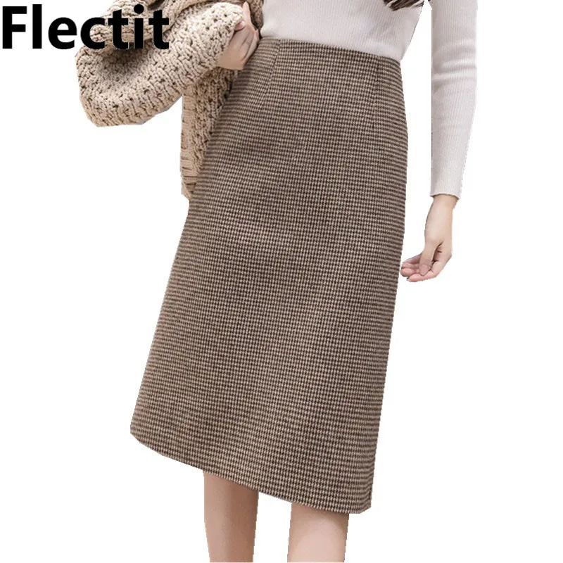 Flectit Warm Wool Blend Houndstooth High Waist Pencil Midi Skirt Slim ...