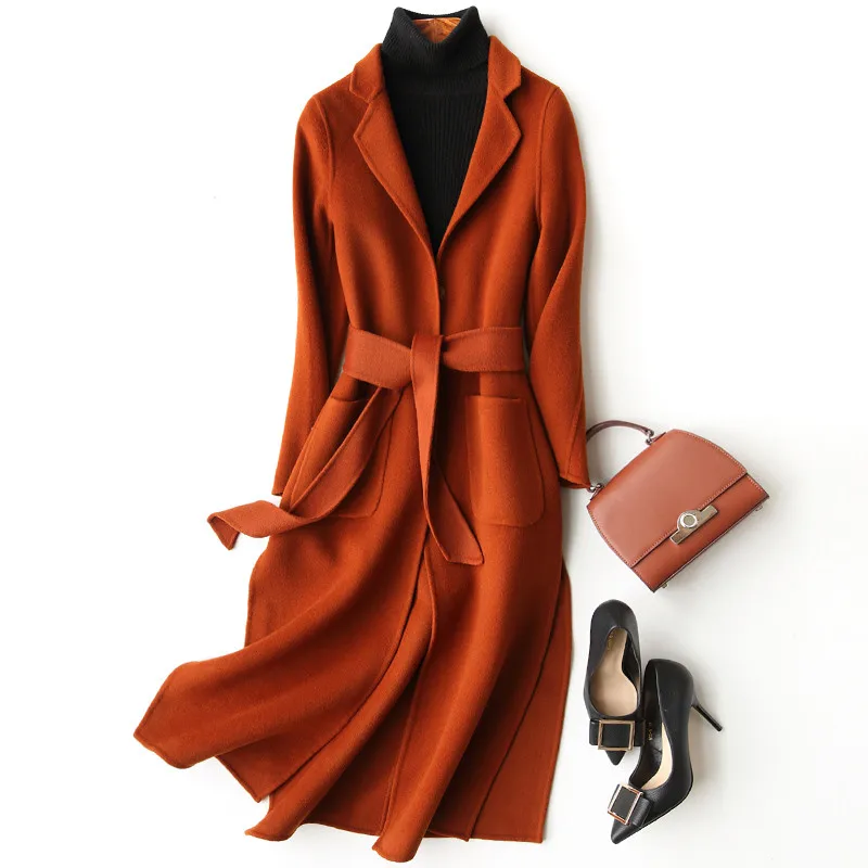 

2019 Winter Wool Coat For Women Autumn Fashion Long Sleeve Causal Woolen Jacket Adjustable Waist Belt High Quality Outwear M109