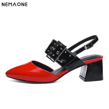 

NEMAONE Women Sandals Square High Heel Platform Women Shoes patent Leather back Strap Black Ladies Wedding Shoes Size 34-43