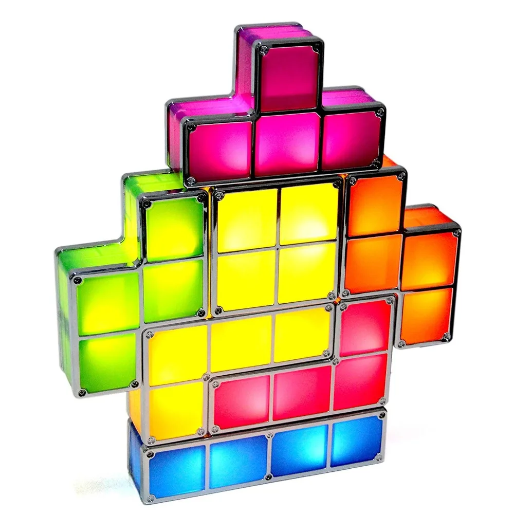 Online 7 colores DIY Tetris puzle luz apilable LED lámpara de escritorio bloque de luz de noche Luz Retro juego Torre bebé colorido juguete de ladrillo
