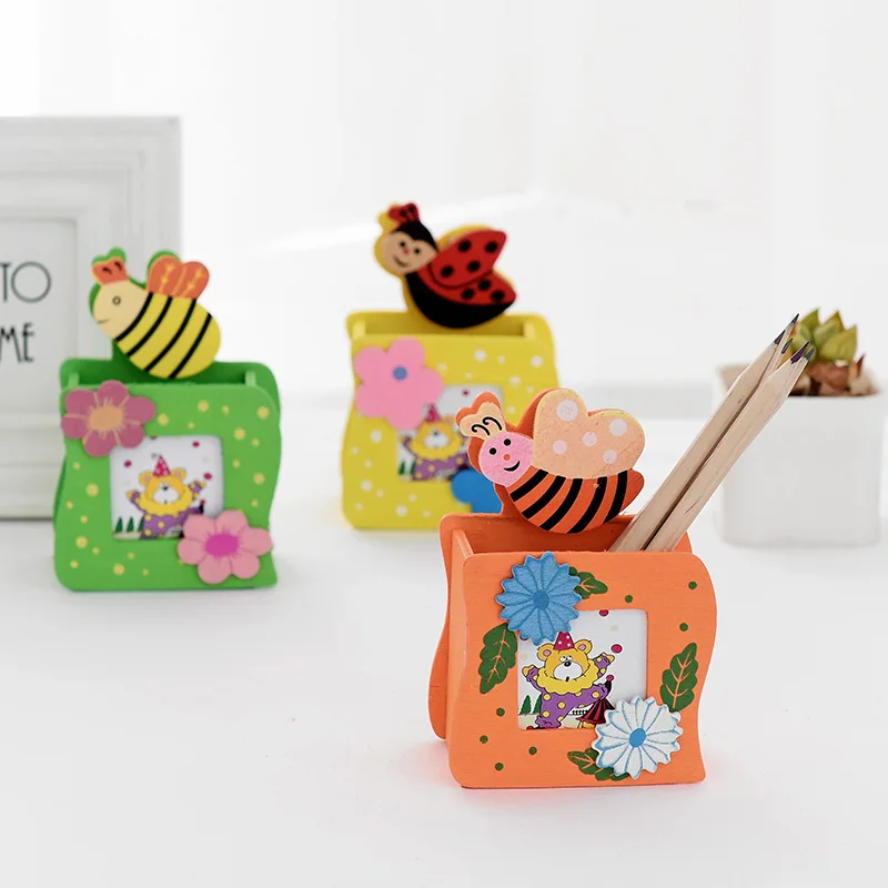 

Cute animal wooden pen holder creative cartoon stationery storage box children desktop sorting message folder frame pen barrel