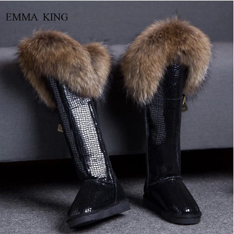 

Rushed Winter Luxury Fox Fur Women Snow Boots Chaussures Femme Over the Knee Boots Warm Waterproof Thickening Flats Women Shoes