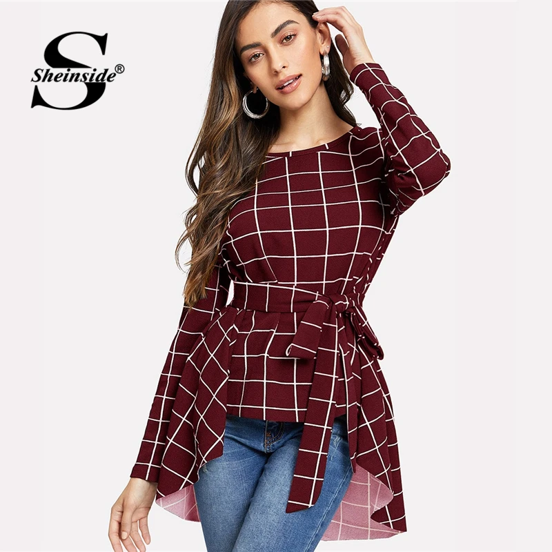 

Sheinside Plaid Womens Tops And Blouses Office Ladies OL Asymmetrical Hem Belted Grid Top Long Sleeve Women Elegant Blouse Shirt