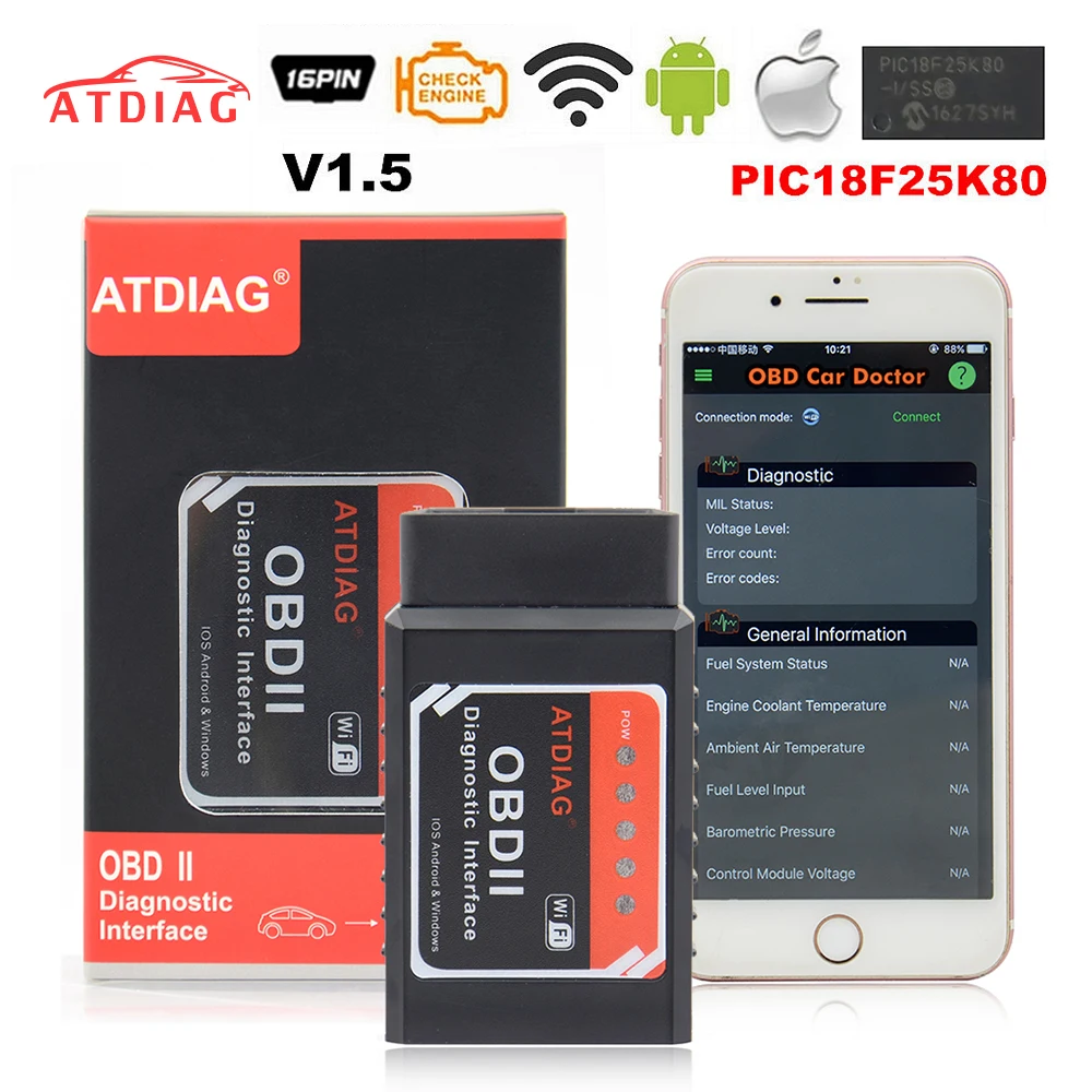 ATDIAG прошивка V1.5 PIC18F25K80 чип ELM327 WIFI беспроводной для Android/iOS ELM 327 1 5 поддерживает все