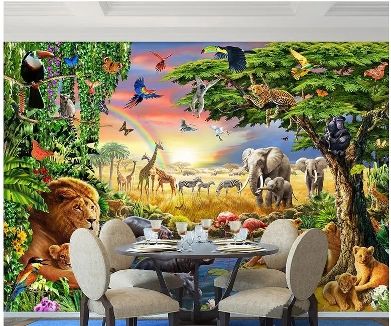 Пользовательские фото обои 3d фрески обои радуга зеленый лес попугай слон животные детская живопись обои домашний декор