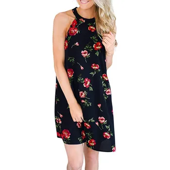 

KLV 2019 summer dress Womens latest fashion платье Halter Neck Boho Print Sleeveless Casual Mini Dress Sundress free shipping D4