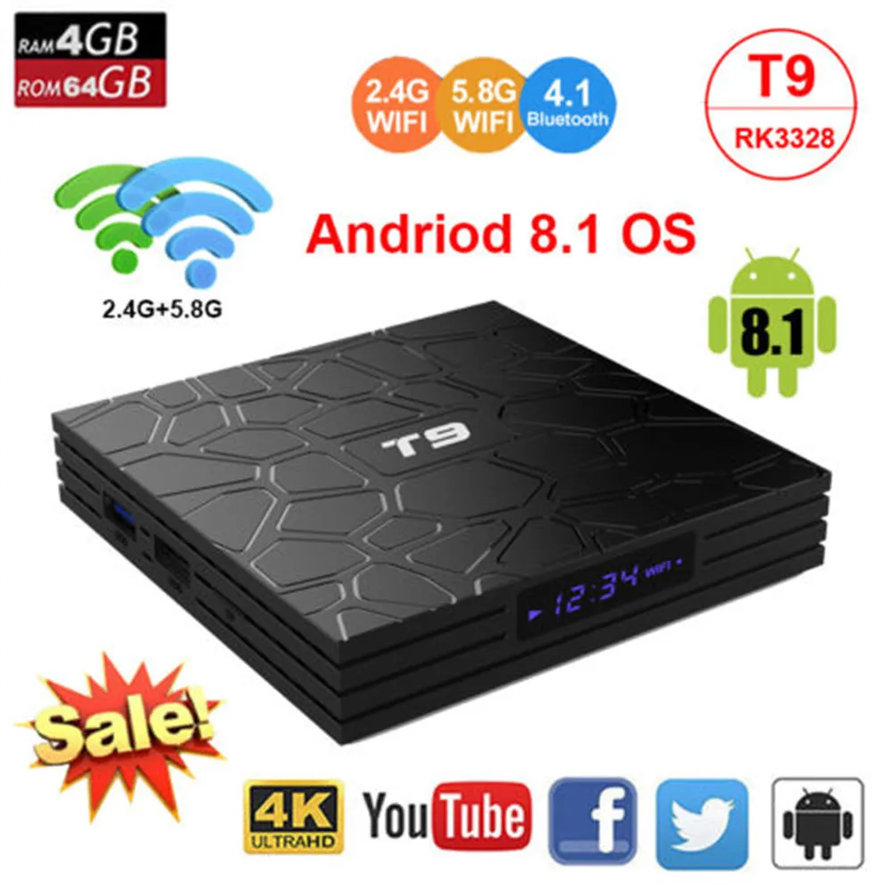 

T9 TV Box Android 8.1 4GB 64GB RK3328 Quad-Core 4K HD Wifi BT4.0 USB3.0 Smart TV Box 4K Google Play Store Netflix Youtube Box TV