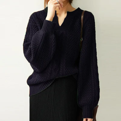 Повседневный женский свитер, свободный кашемировый свитер, женский вязаный свитер с v-образным вырезом и длинными рукавами, модный шерстяной свитер, высококачественный пуловер - Цвет: Dark blue