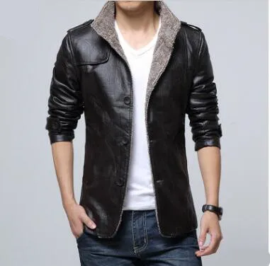 

2018 New Winter Men Lapel Warm Leather Jacket Male Solid Color Motorcycle Jacket Cotton Large Size Parkas