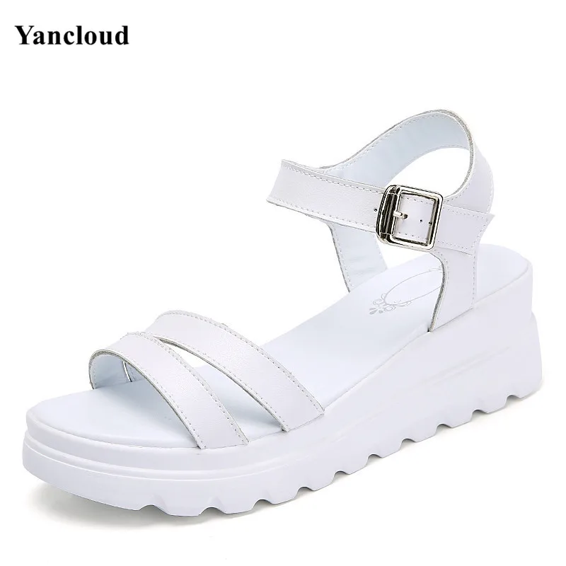 

Top Quality Women's Flat Platform Sandals 2017 Buckle Split Leather Sandals Women Wedges Shoes