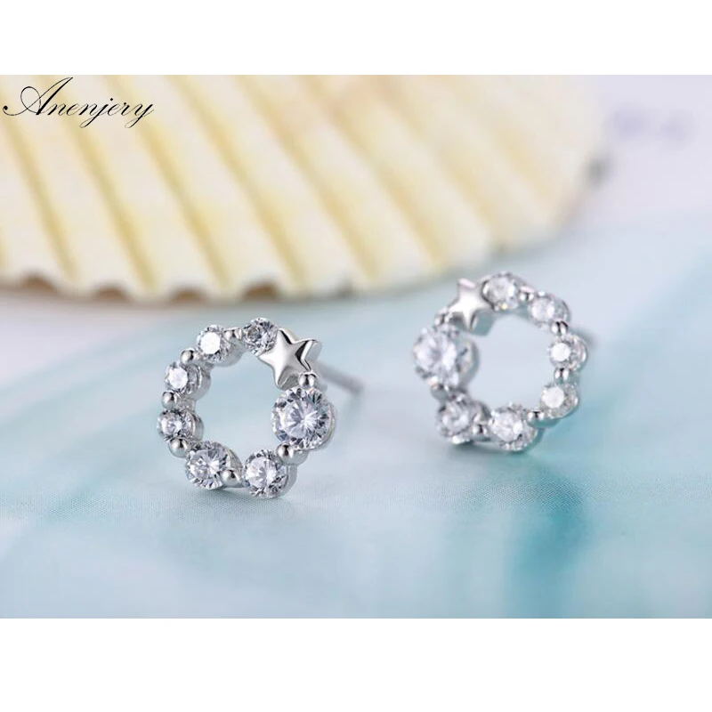 

925 Sterling Silver Earrings Lucky Star AAA+ Zircon Circle Stud Earrings For Women boucle d'oreille Fashion Jewelry S-E199